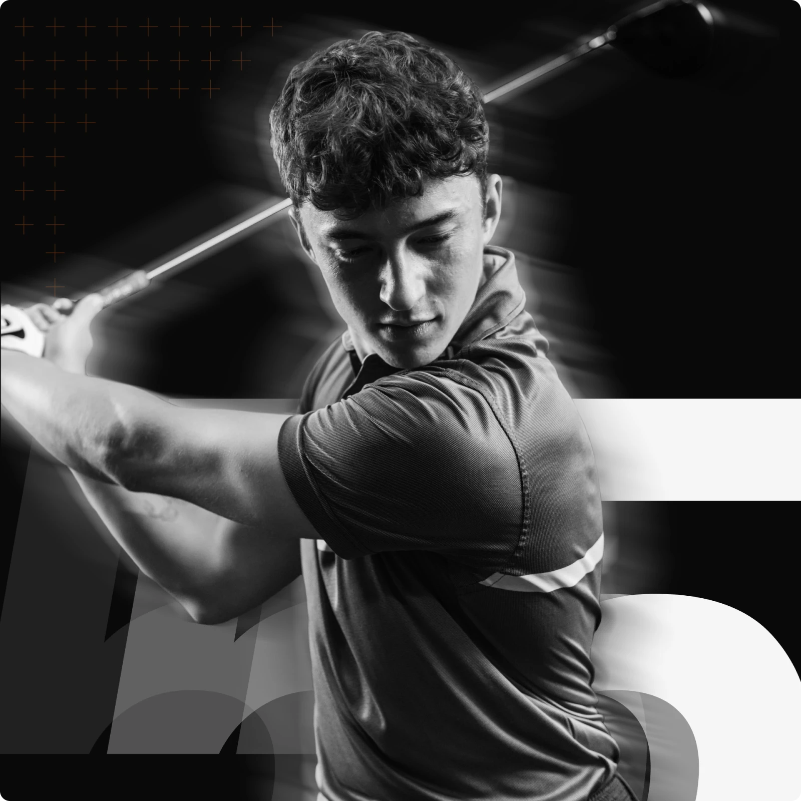 A golfer in mid-swing, wearing a polo shirt, depicted in a black and white artistic style with dynamic motion effects.