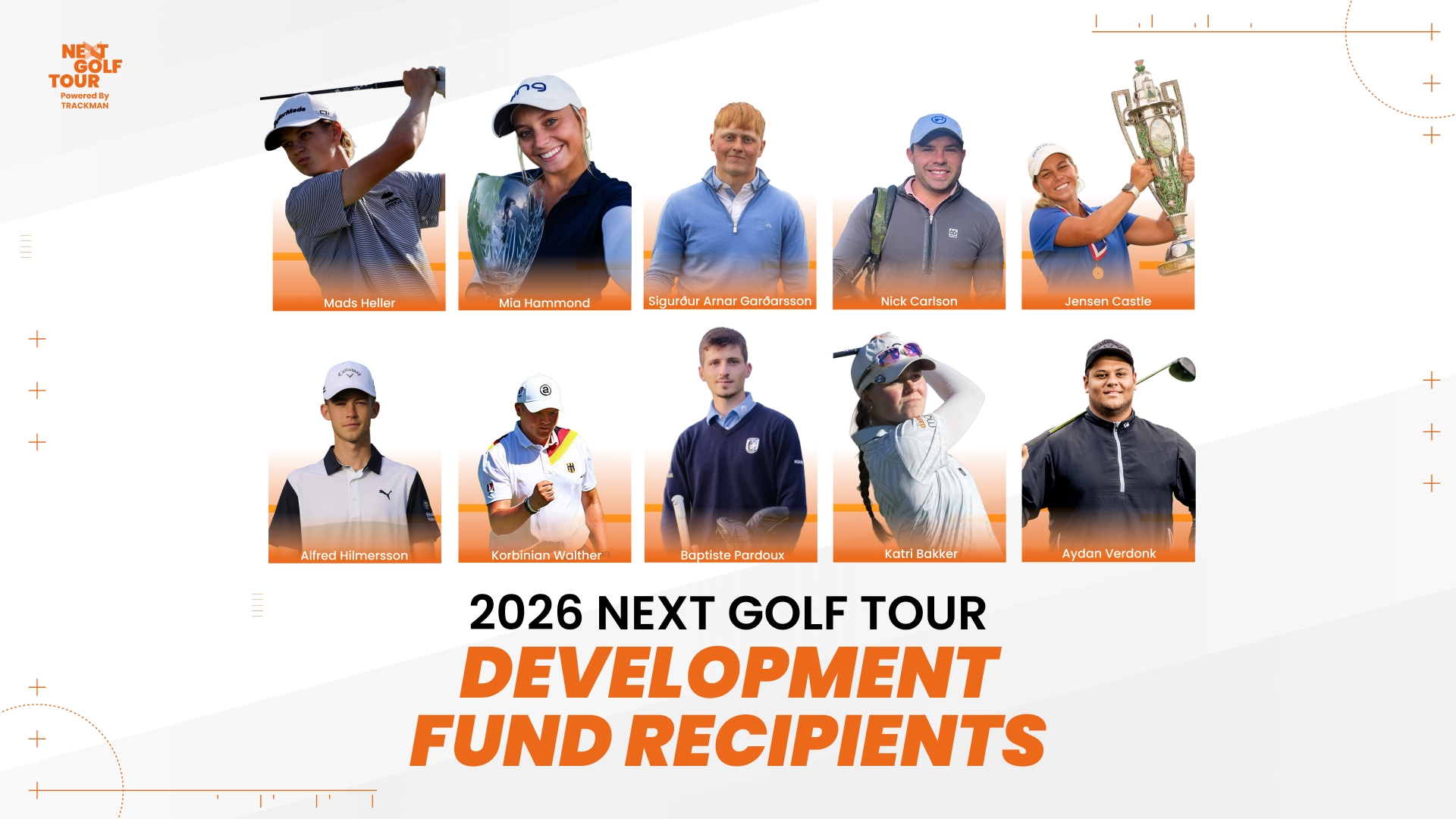 Collage of ten golfers named as the 2026 Next Golf Tour Development Fund recipients, each with their name and a golf-related pose.