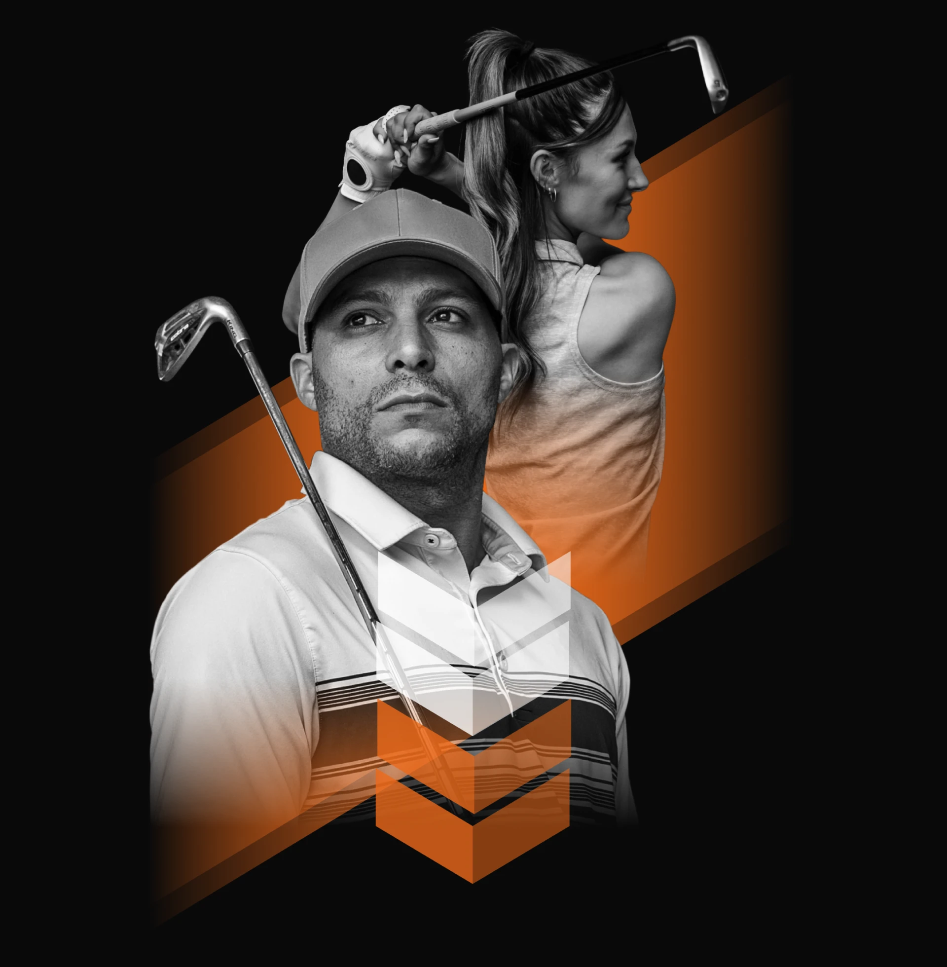Two golfers, a man and a woman, in sporty attire holding golf clubs against a black background with orange geometric accents.
