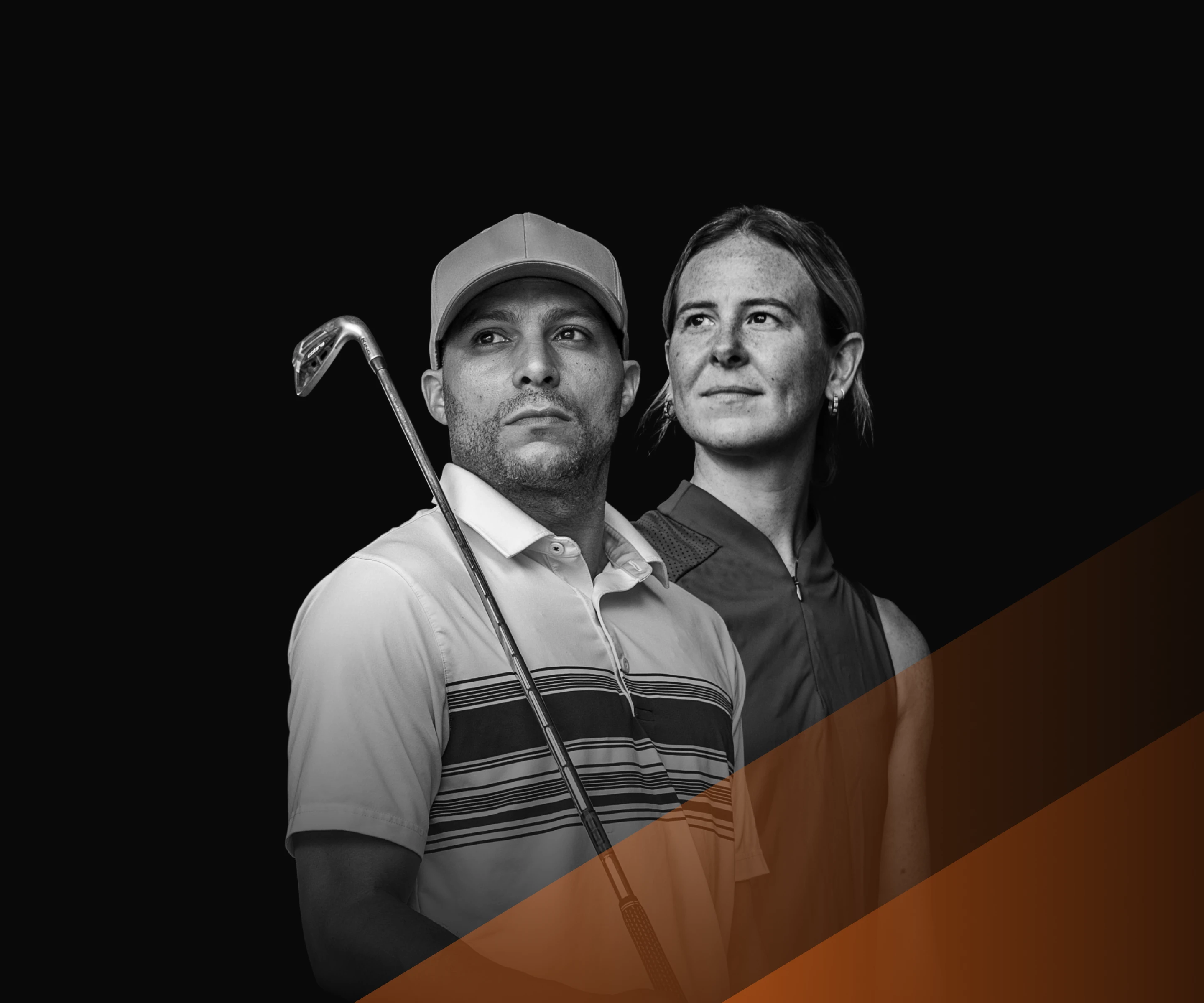 A man and woman stand confidently with a golf club against a black background, highlighted by an orange diagonal stripe.