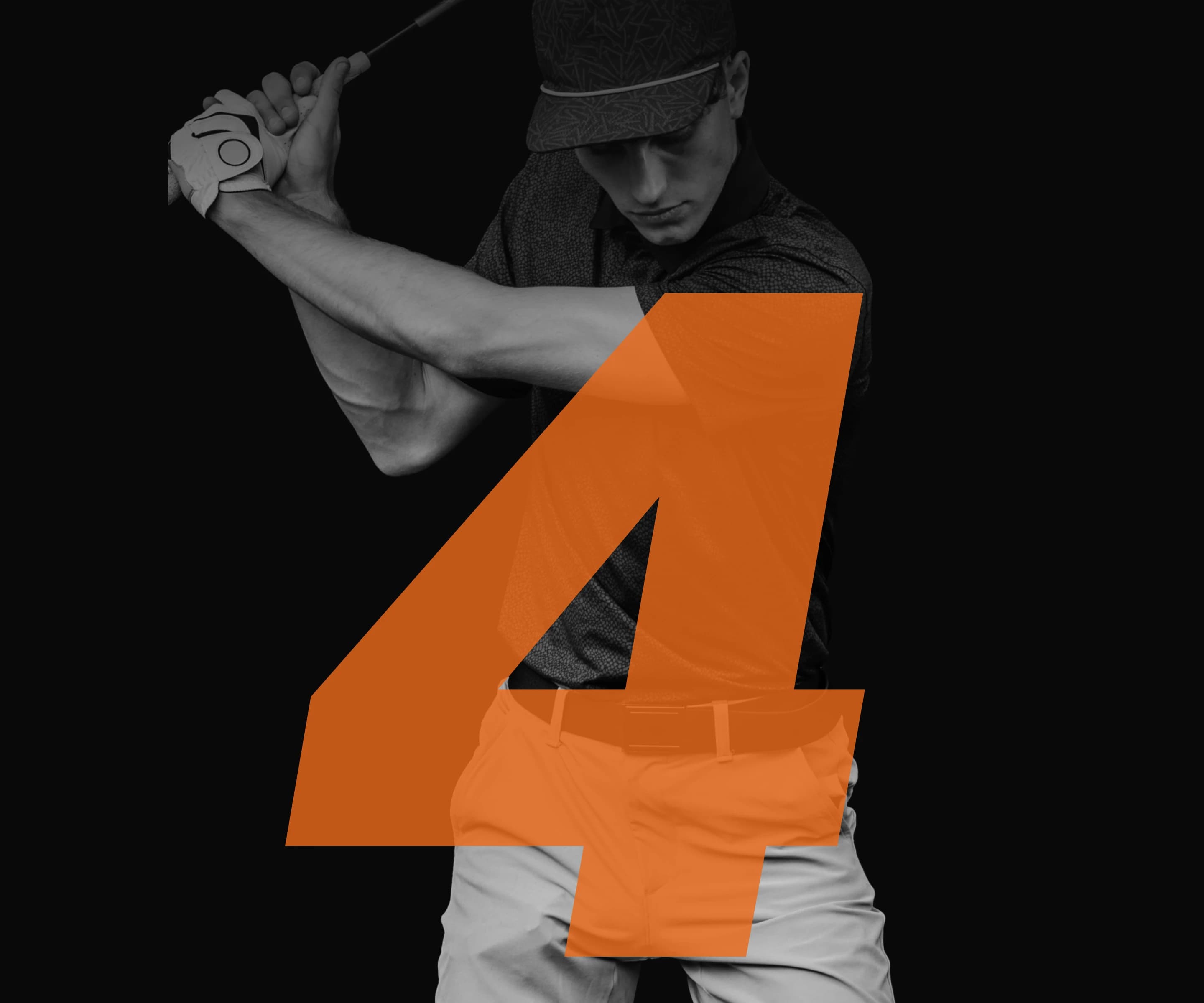 Golfer in mid-swing with a large orange number 4 overlay on a black background.