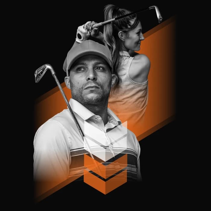 A man and a woman playing golf, depicted in black and white with orange geometric accents on a dark background.