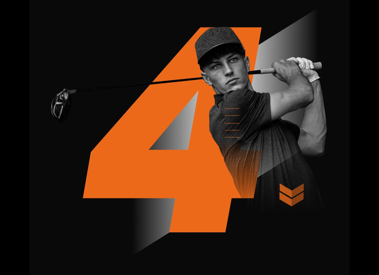 Golfer swinging a club, wearing a cap and glove, against a large orange number 4 on a black background.