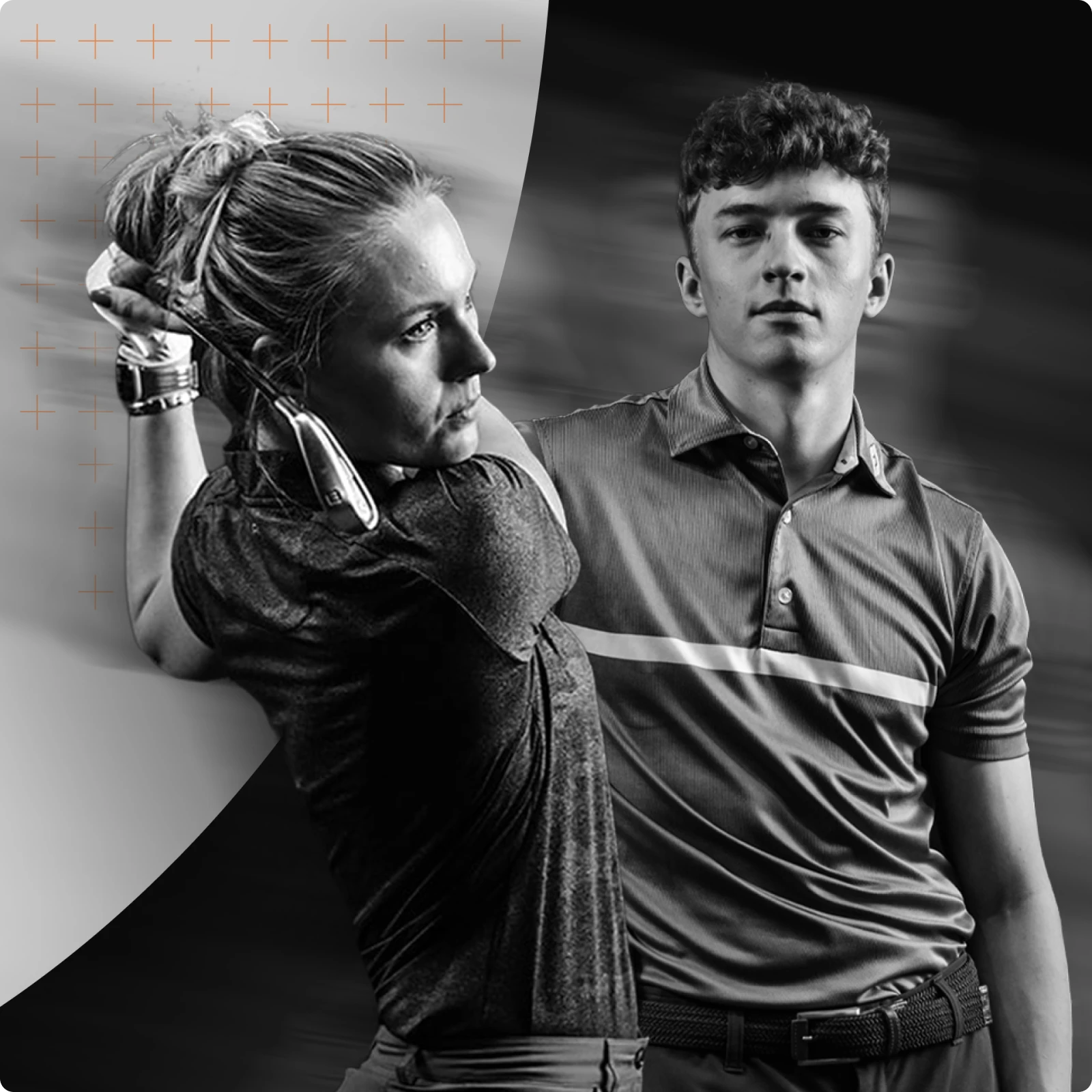 Black and white image of a woman swinging a golf club and a man standing confidently, both wearing sports attire.