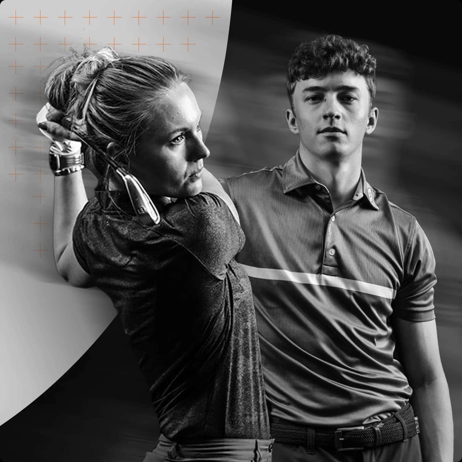 Black and white image of a woman swinging a golf club and a man standing confidently, both wearing sports attire.