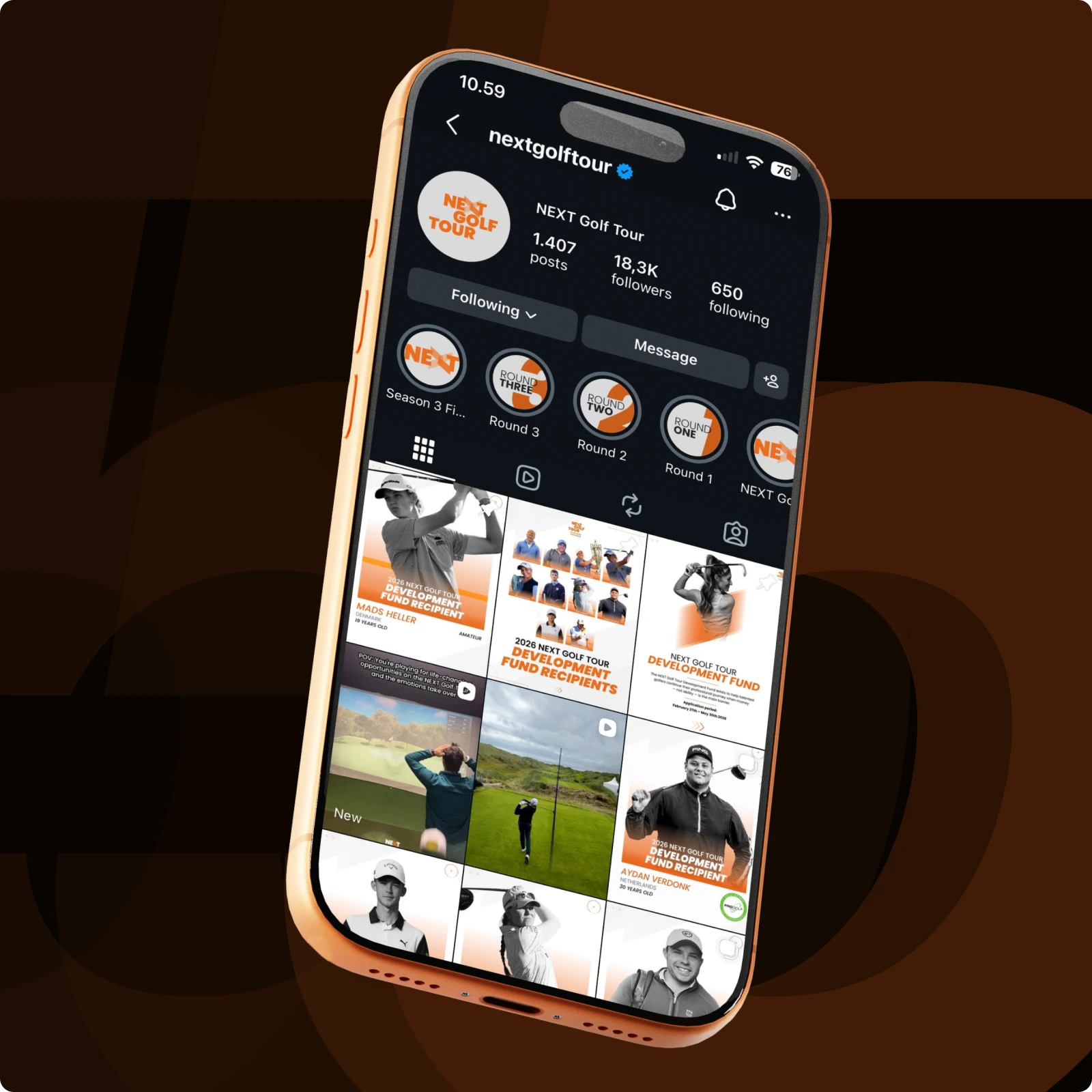 A smartphone displays the Instagram profile of "nextgolftour," with posts and story highlights related to a golf tour.