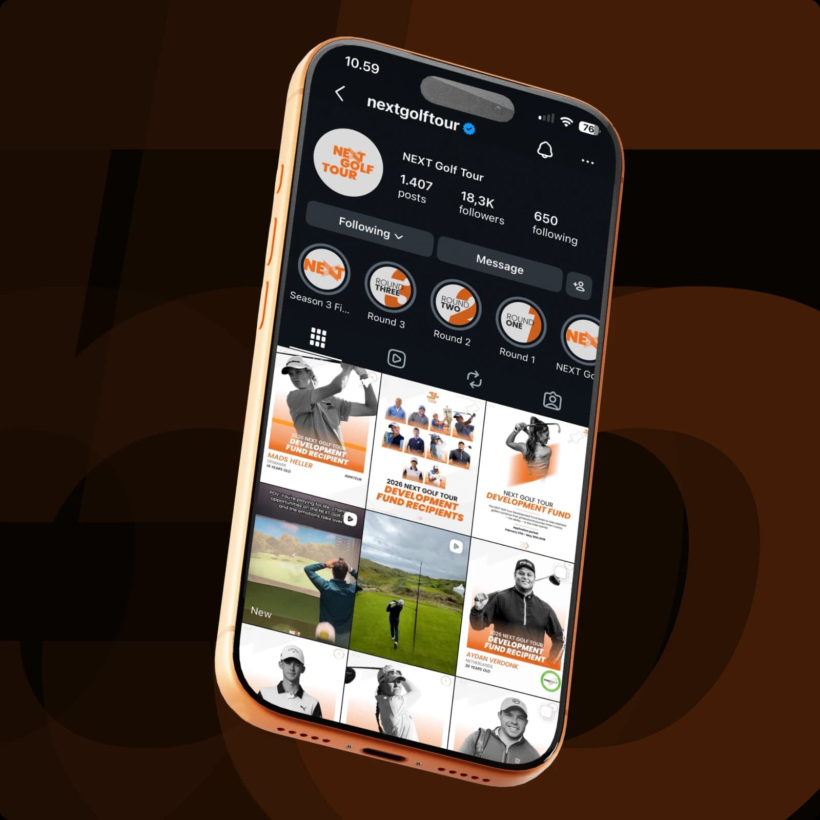 A smartphone displays the Instagram profile of "nextgolftour," with posts and story highlights related to a golf tour.