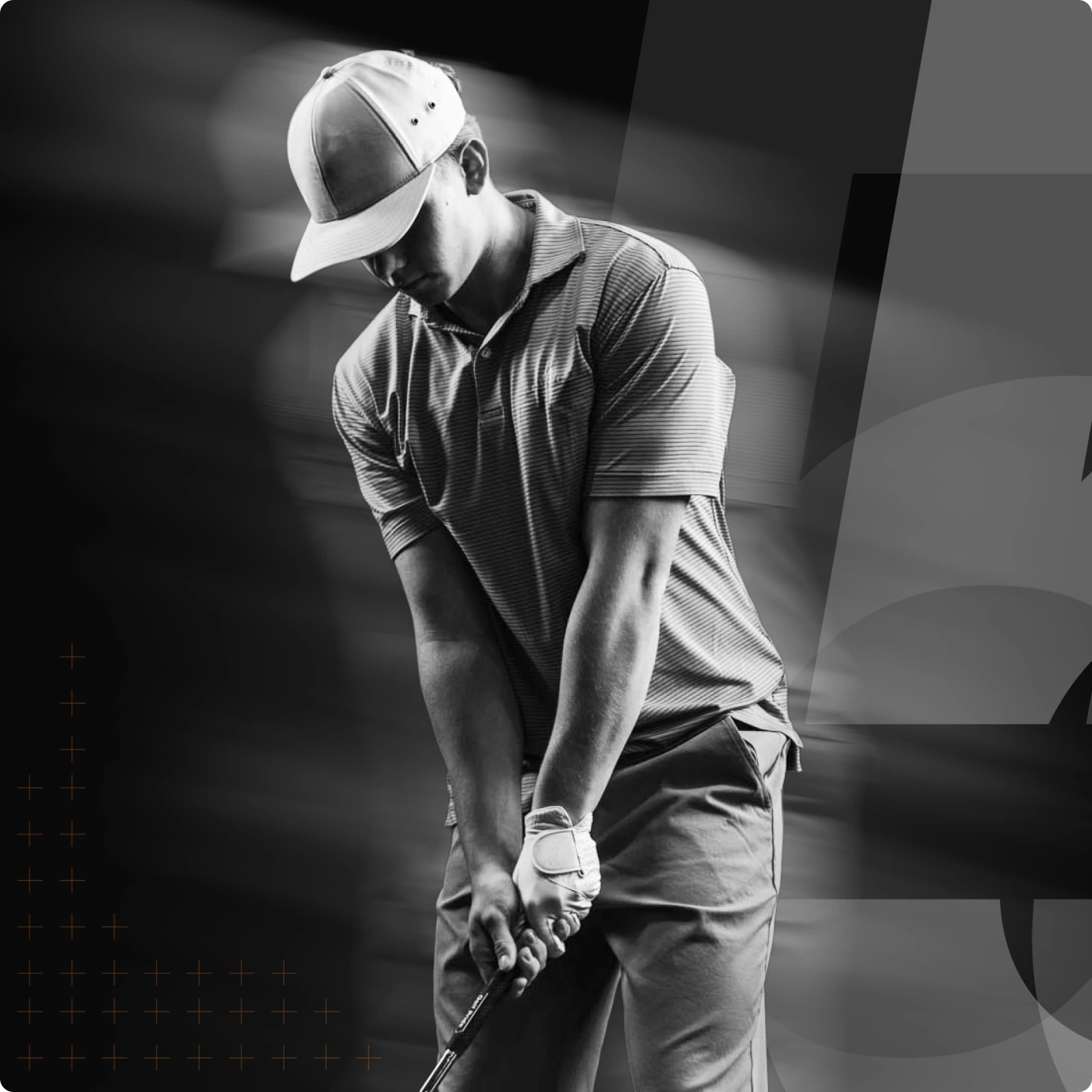 A golfer in a striped polo and cap preparing to swing, with a blurred motion effect in the background.