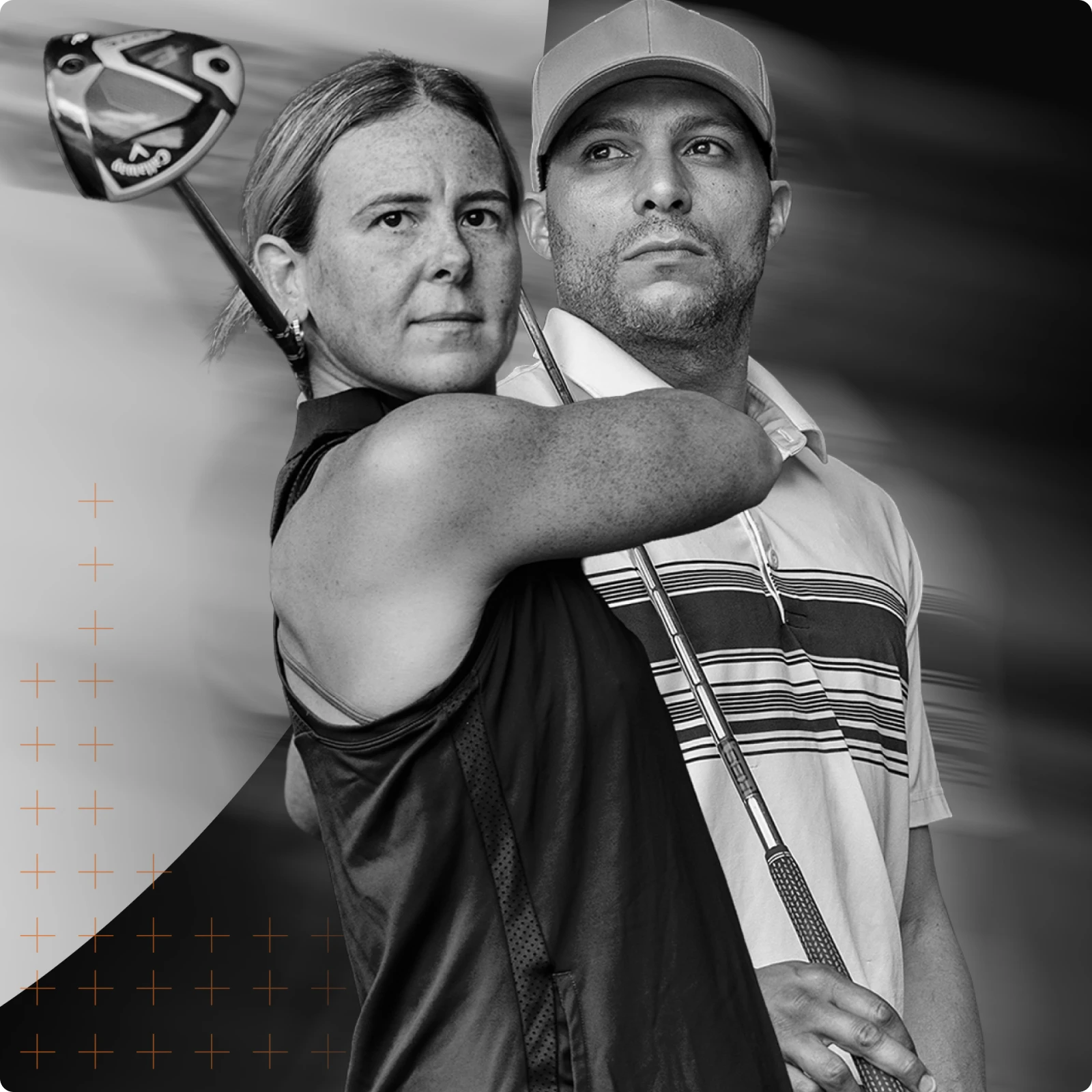 A black and white photo of a woman and a man holding golf clubs, both looking determined. Background features diagonal lines and cross patterns.
