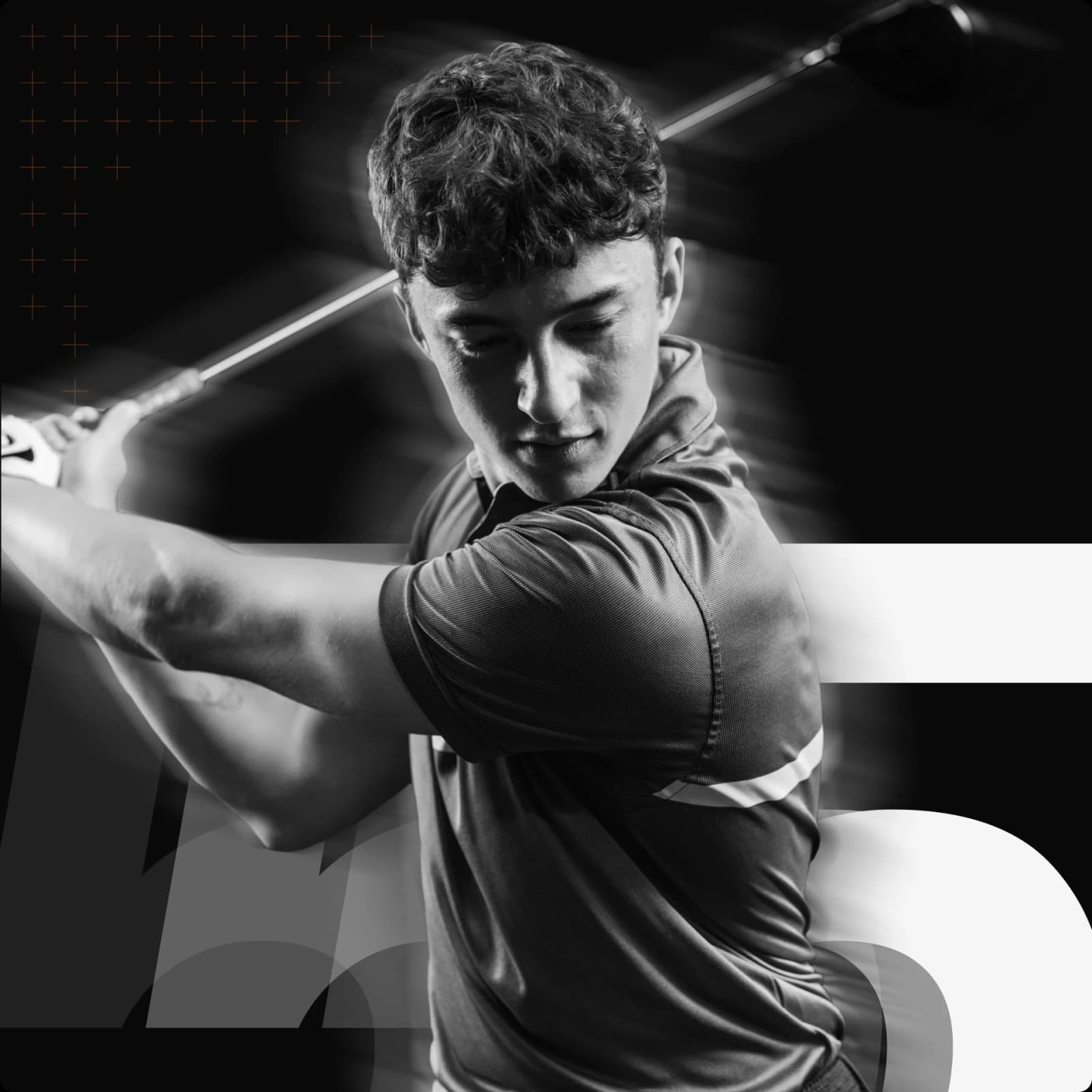 A golfer in mid-swing, wearing a polo shirt, depicted in a black and white artistic style with dynamic motion effects.