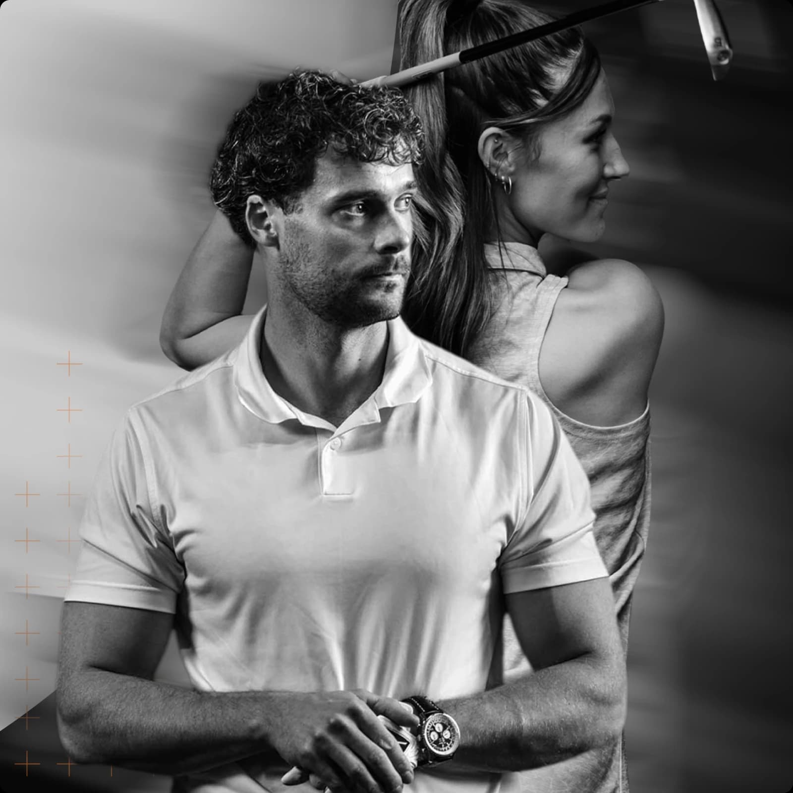 A black-and-white image of a man in a polo shirt looking forward and a woman with a ponytail holding a golf club over her shoulder, both focused.