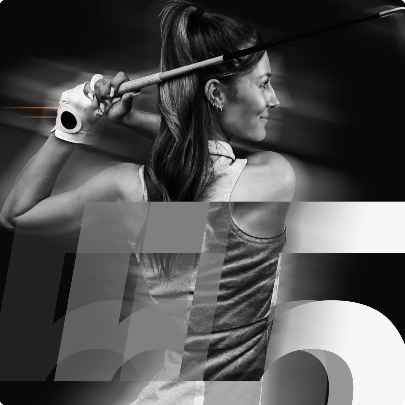 A woman in a sleeveless top holds a golf club over her shoulder, smiling confidently. The image is in black and white with abstract overlay.