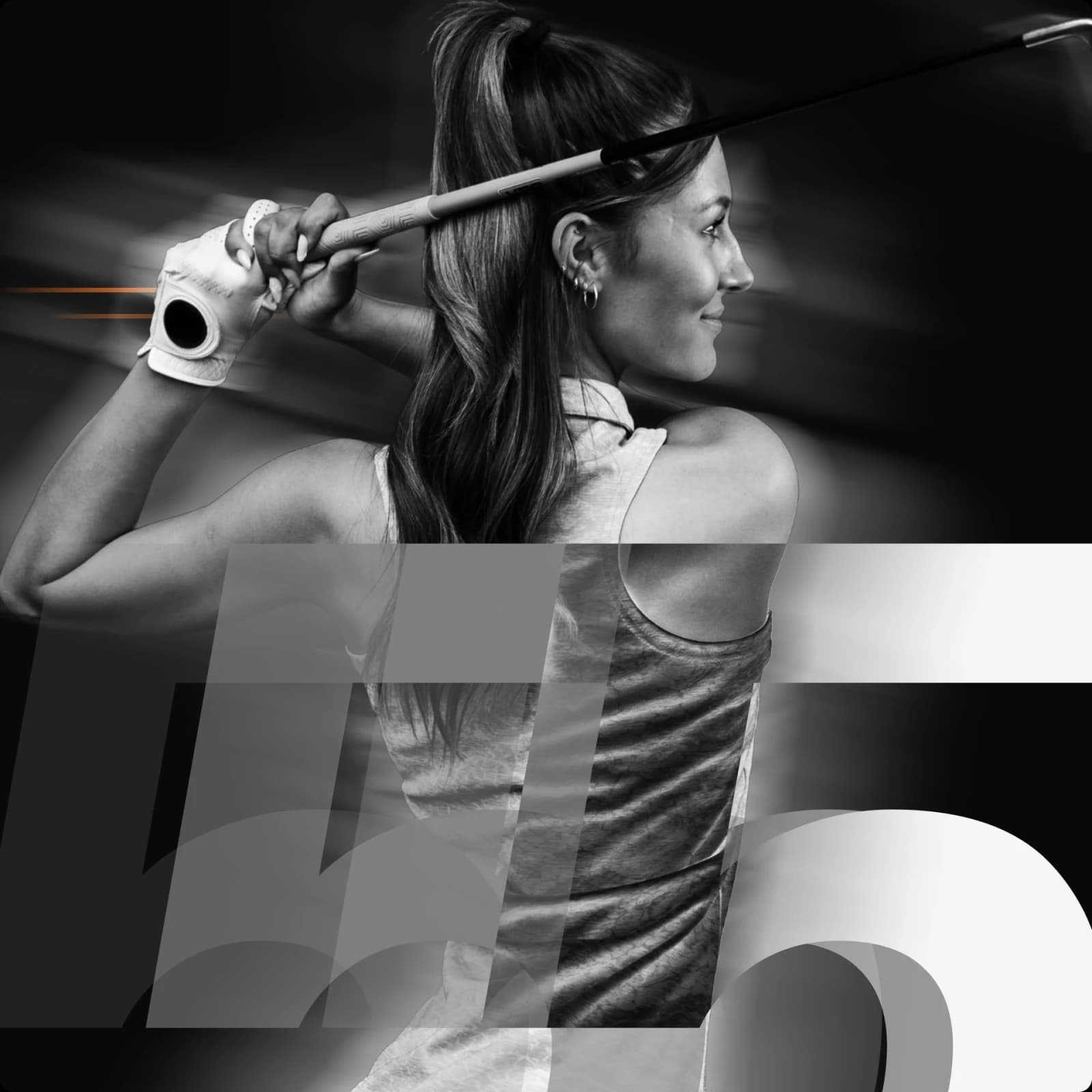 A woman in a sleeveless top holds a golf club over her shoulder, smiling confidently. The image is in black and white with abstract overlay.