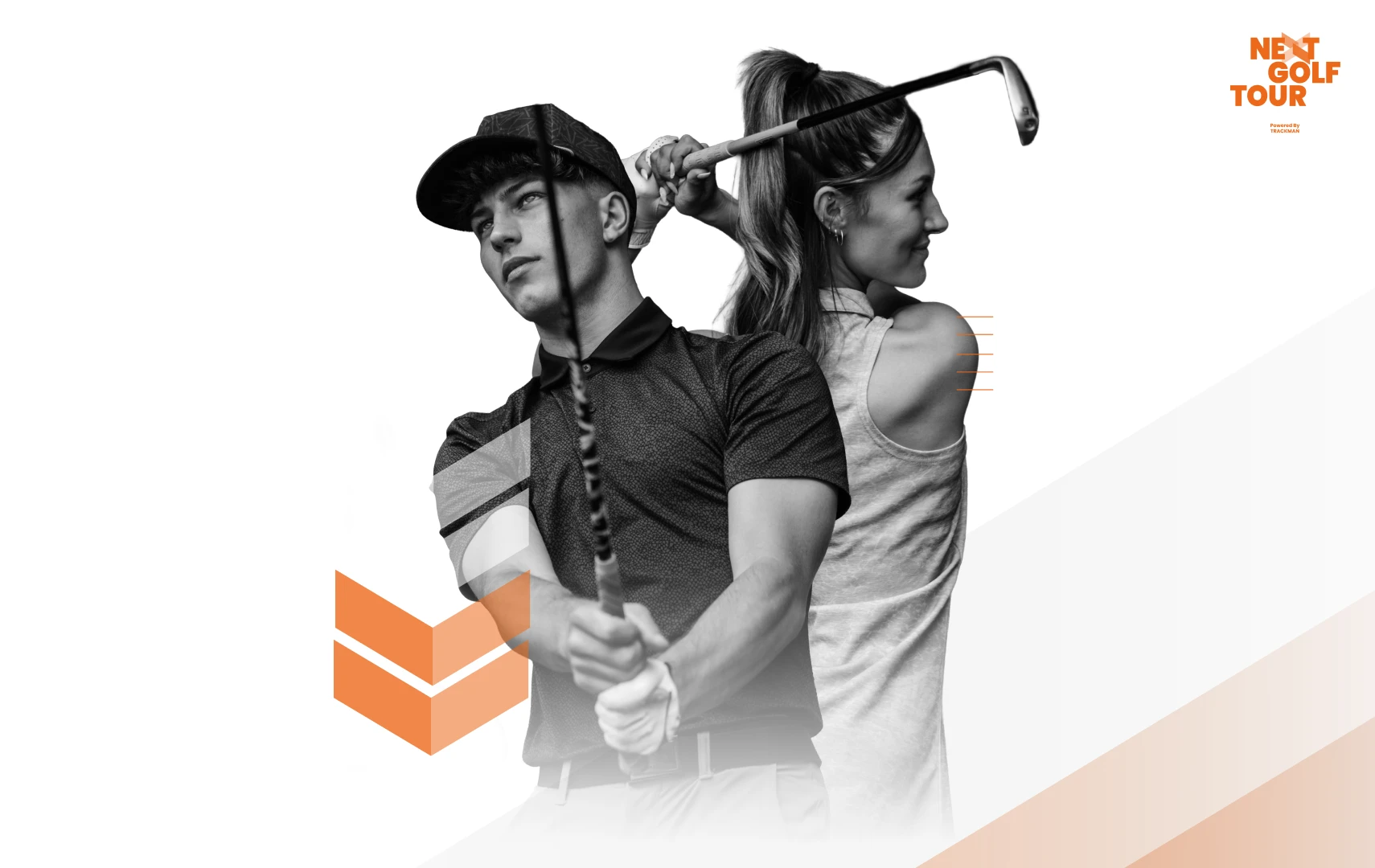 A man and a woman in golf attire swing clubs with focused expressions. "Next Golf Tour" logo in the top right corner.