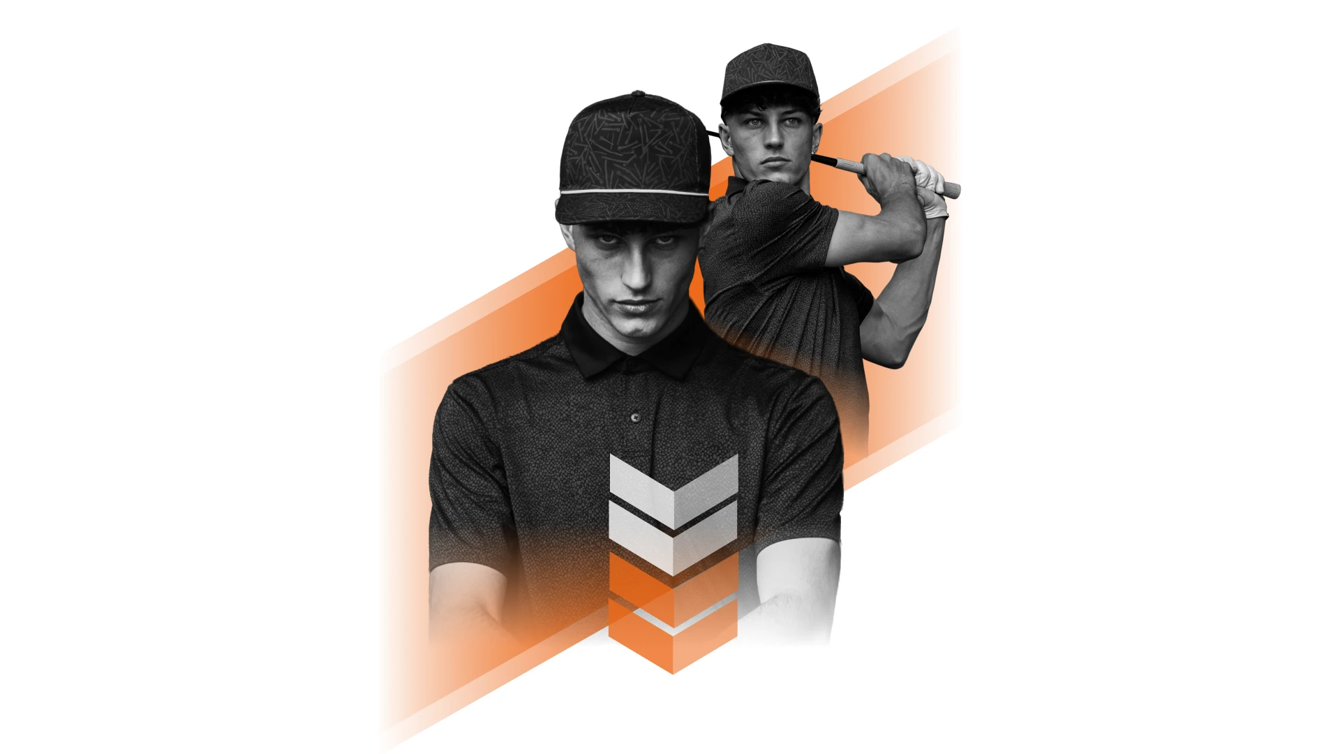 Black-and-white double image of a golfer wearing a cap and polo: front-facing stern portrait over a swinging pose, with orange diagonal stripe and chevrons.
