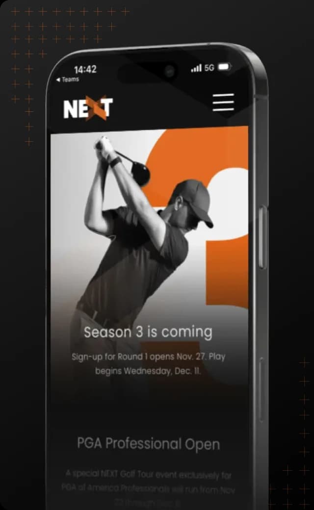 Phone screen displaying a golf app. Text reads: "Season 3 is coming. Sign-up Nov. 27. Play Dec. 11." A golfer in mid-swing is shown.