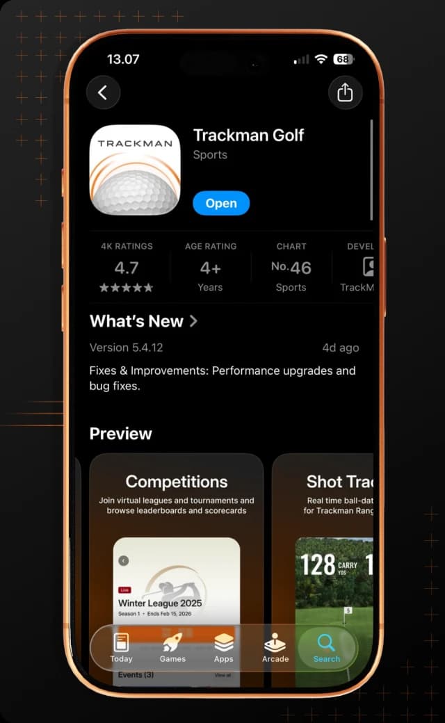 Screenshot of the Trackman Golf app on an iPhone, displaying app details, ratings, and update notes, with preview sections for competitions and shot tracking.