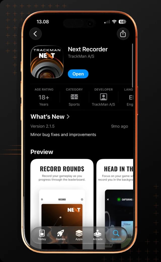A smartphone screen displaying the app store page for "Next Recorder" by TrackMan A/S, showing update details and preview images.