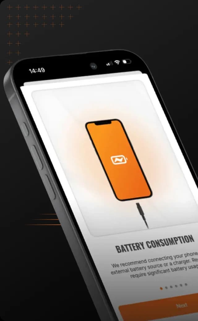 Smartphone screen displaying a battery consumption alert with an orange icon of a phone and charging cable, set against a dark background.