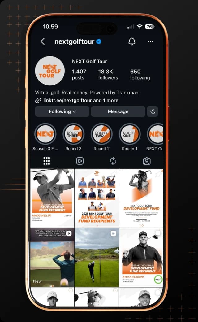 A smartphone screen displaying an Instagram profile for NEXT Golf Tour with posts, follower count, and highlights related to golf events.