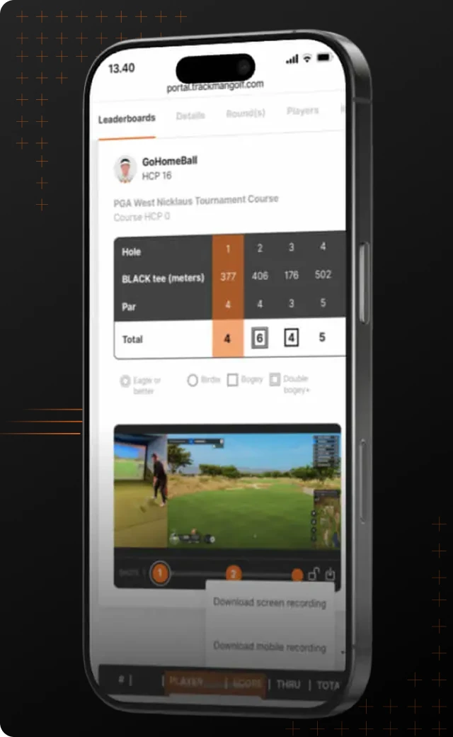 A smartphone displaying a golf leaderboard from a tournament, with scores for four holes, a video thumbnail, and download options.