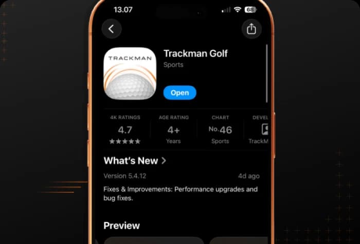 Screenshot of the Trackman Golf app on an iPhone, displaying app details, ratings, and update notes, with preview sections for competitions and shot tracking.