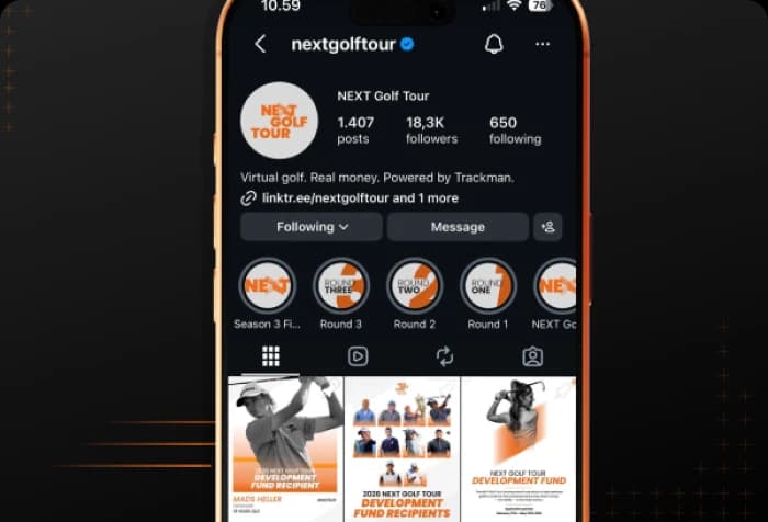 A smartphone screen displaying an Instagram profile for NEXT Golf Tour with posts, follower count, and highlights related to golf events.