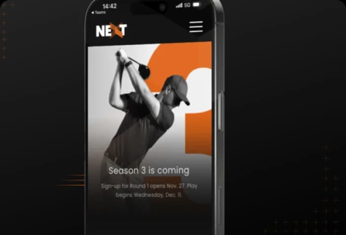 Phone screen displaying a golf app. Text reads: "Season 3 is coming. Sign-up Nov. 27. Play Dec. 11." A golfer in mid-swing is shown.