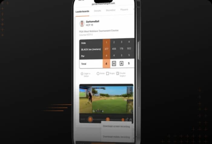A smartphone displaying a golf leaderboard from a tournament, with scores for four holes, a video thumbnail, and download options.