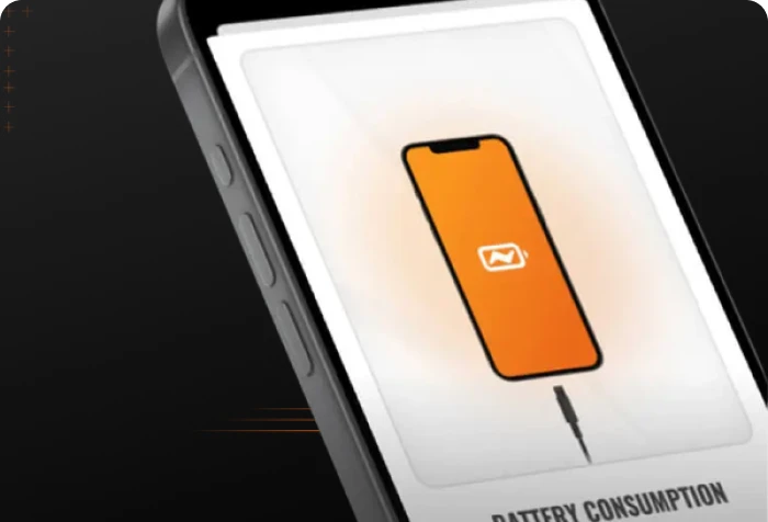 Smartphone screen displaying a battery consumption alert with an orange icon of a phone and charging cable, set against a dark background.