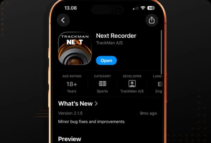 A smartphone screen displaying the app store page for "Next Recorder" by TrackMan A/S, showing update details and preview images.